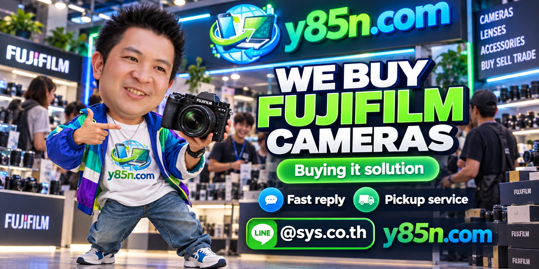 Y85N.com Fujifilm camera buying contact banner with LINE at sys.co.th