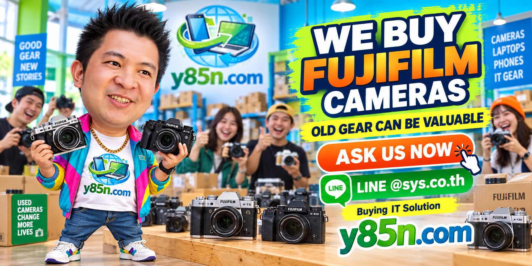 Busy Y85N.com camera buying warehouse promoting professional Fujifilm camera purchasing in Thailand