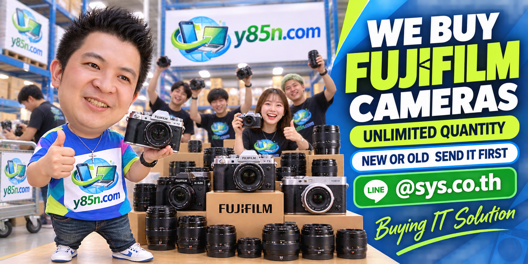 Y85N.com team and customers at a busy Fujifilm camera buying warehouse in Thailand