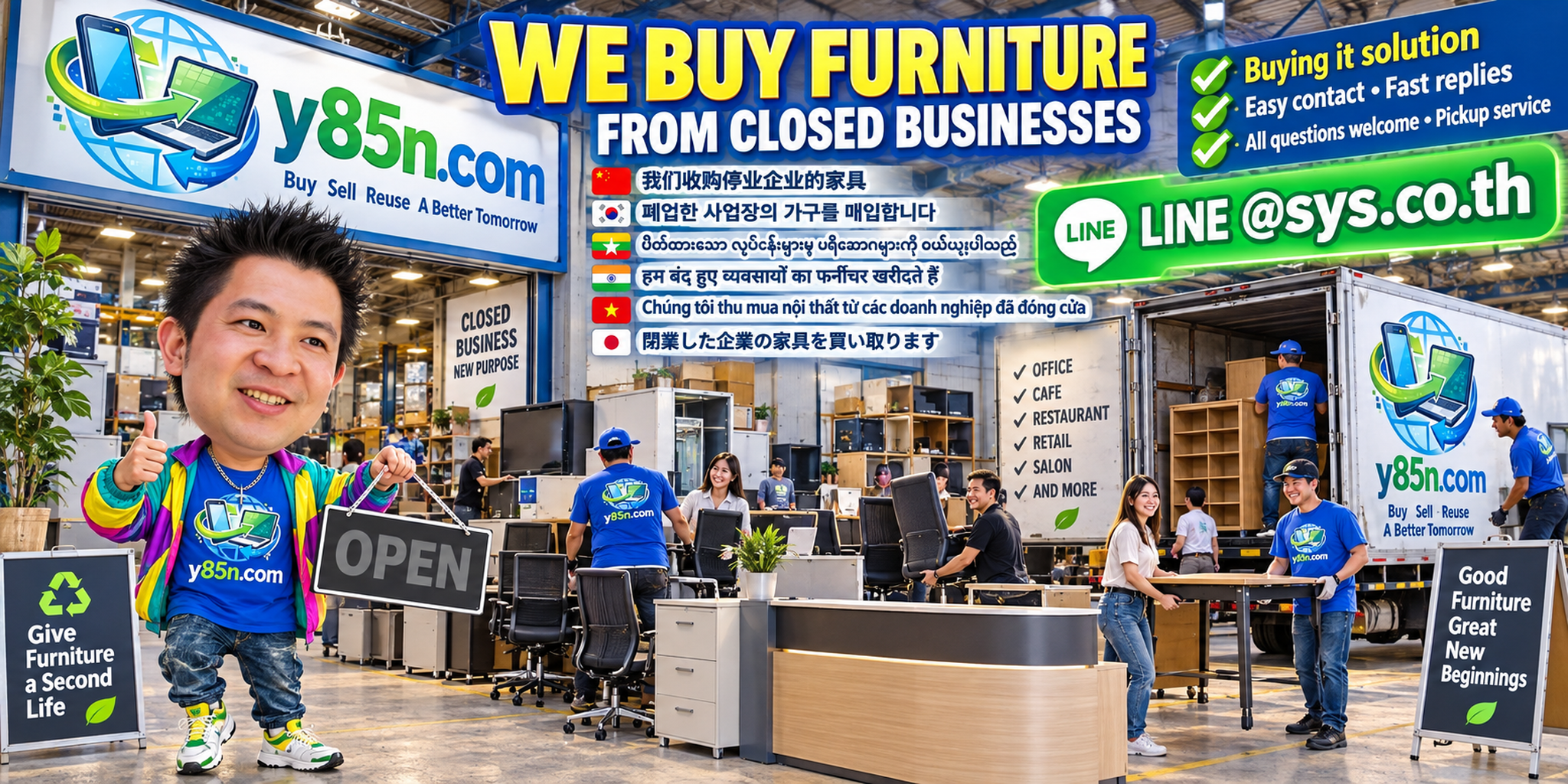 Y85N.com business furniture buying contact banner with LINE at sys.co.th