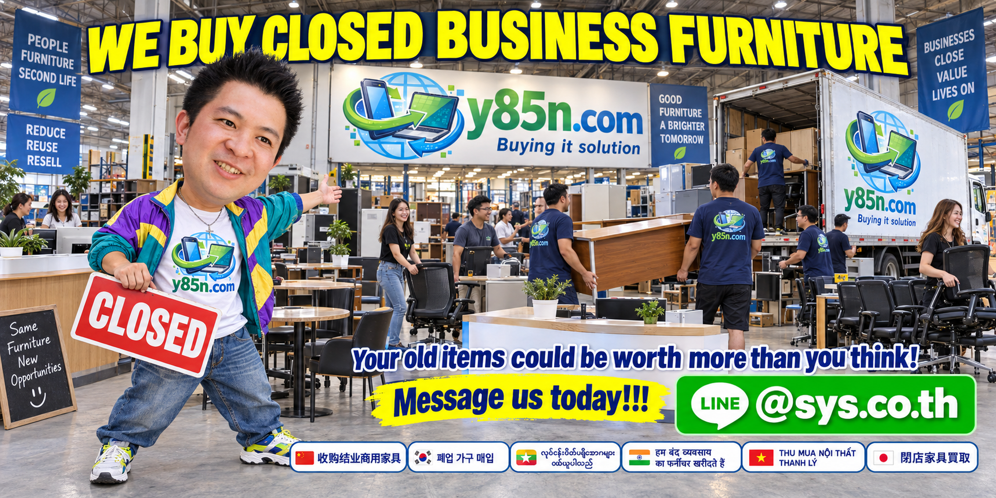 Busy Y85N.com warehouse buying furniture from closed businesses in Thailand