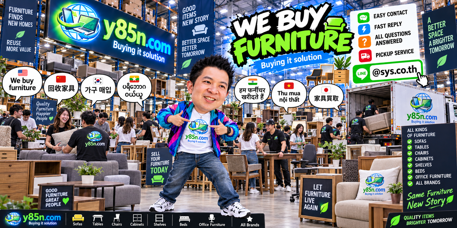 Y85N.com furniture buying service contact banner with LINE at sys.co.th