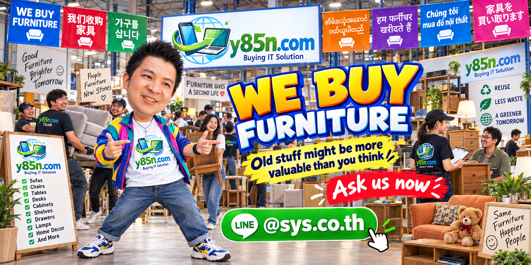 Busy Y85N.com furniture warehouse with many customers bringing furniture for sale
