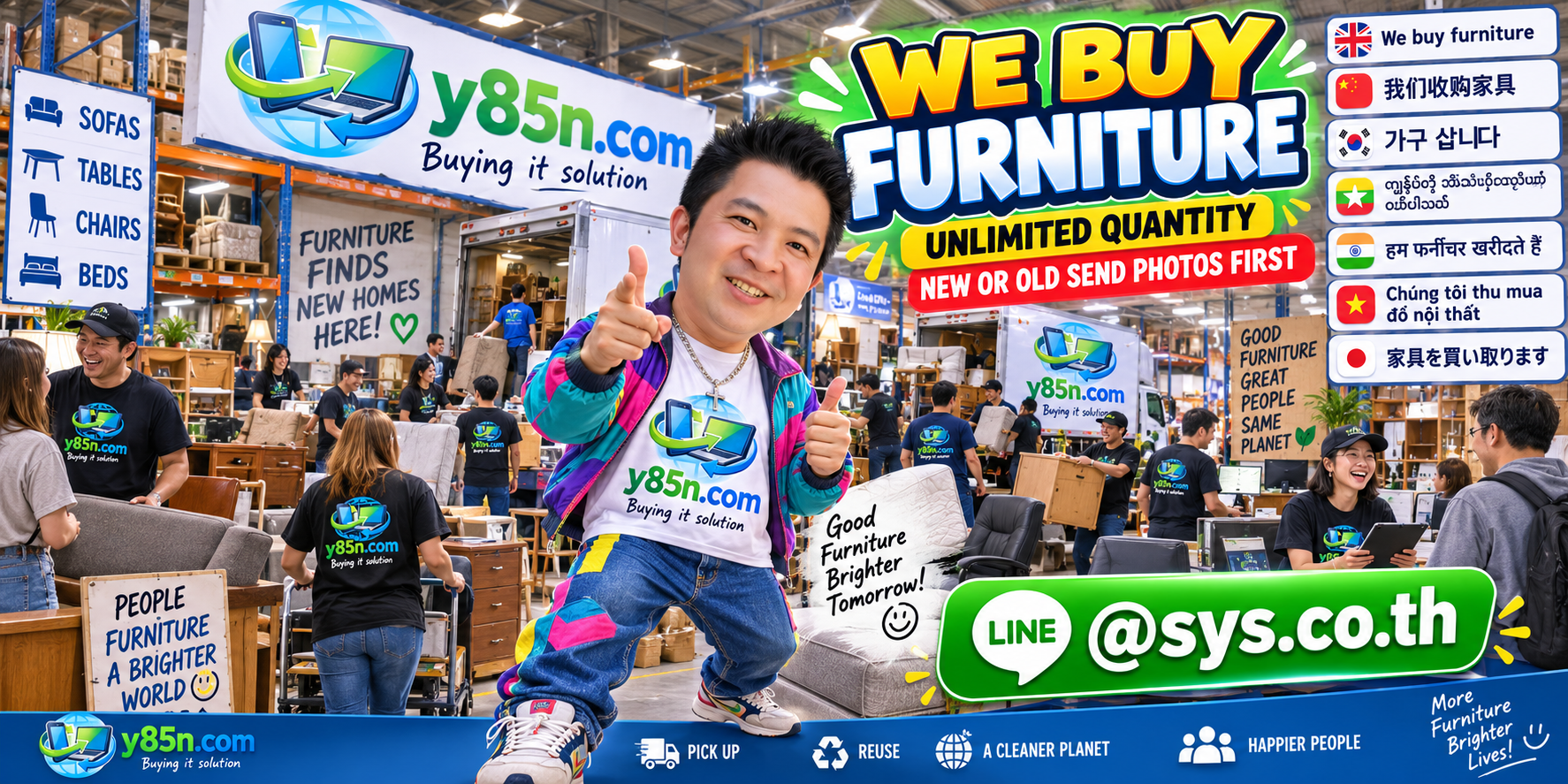 Y85N.com team and customers at a busy furniture buying warehouse