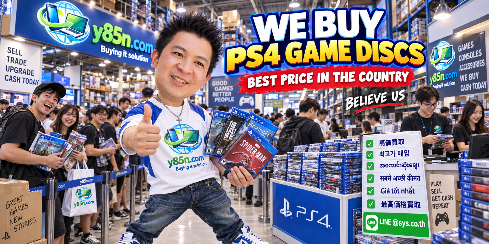 Y85N.com warehouse buying used PS4 game discs with nationwide seller service in Thailand
