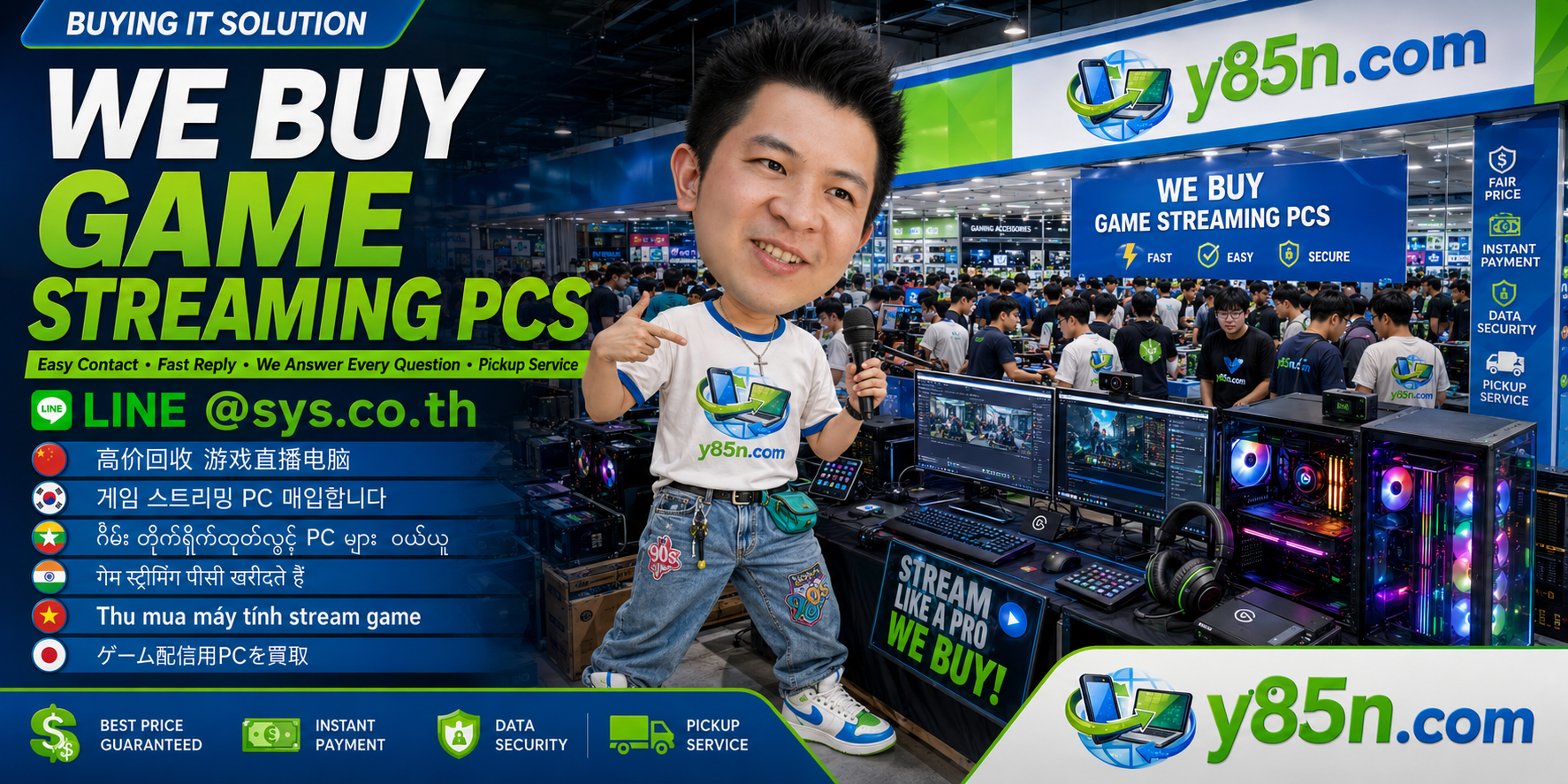 Y85N.com game streaming PC buying contact banner with LINE sys.co.th