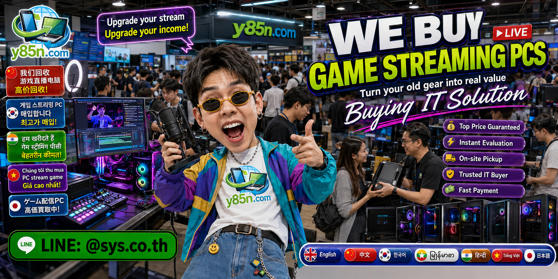 Y85N.com game streaming PC buying service with gaming rigs and customers