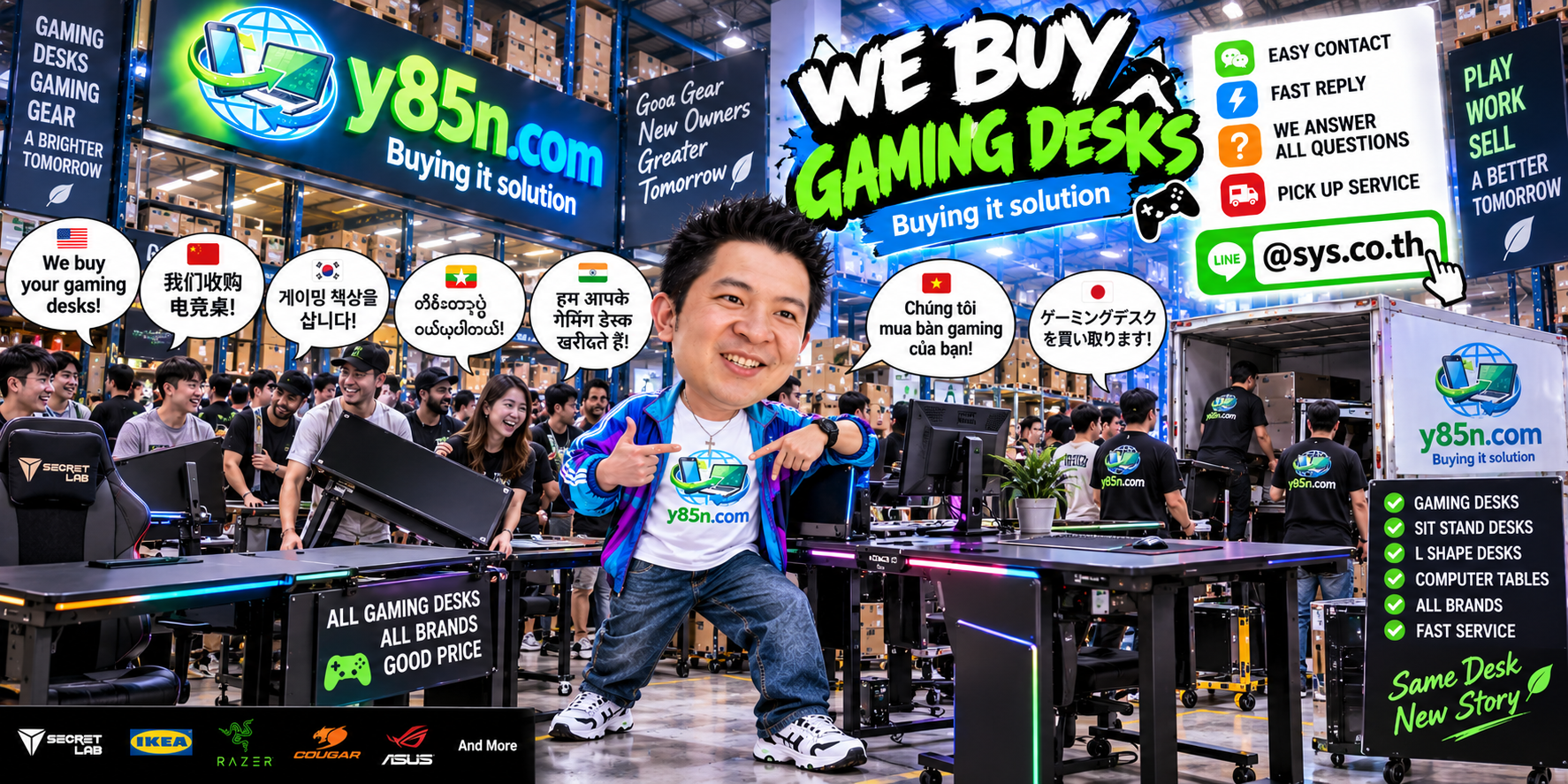 Y85N.com gaming desk buying contact banner with LINE at sys.co.th