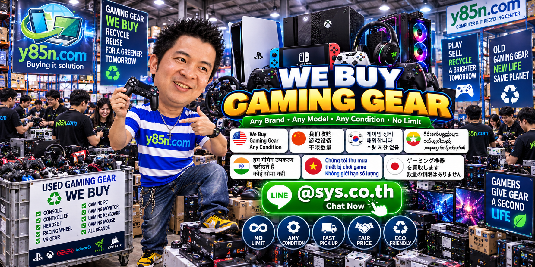 Y85N.com team and customers at a busy gaming gear buying warehouse