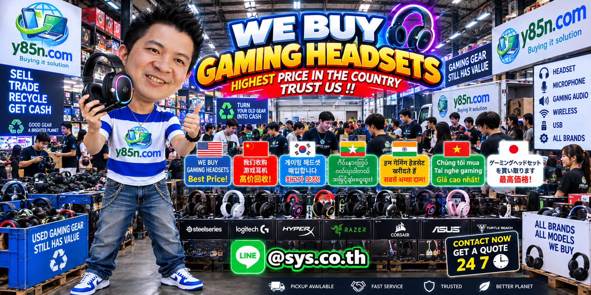 Y85N.com warehouse buying used gaming headsets with international seller messaging