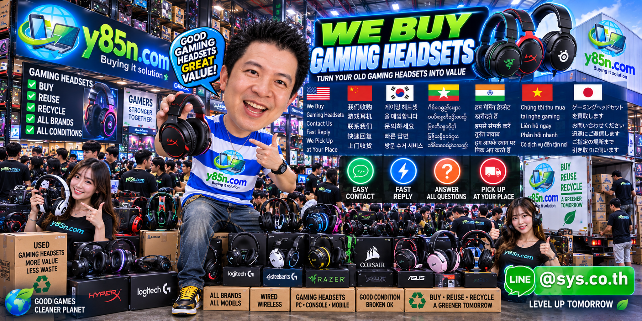 Y85N.com gaming headset buying contact banner with LINE at sys.co.th