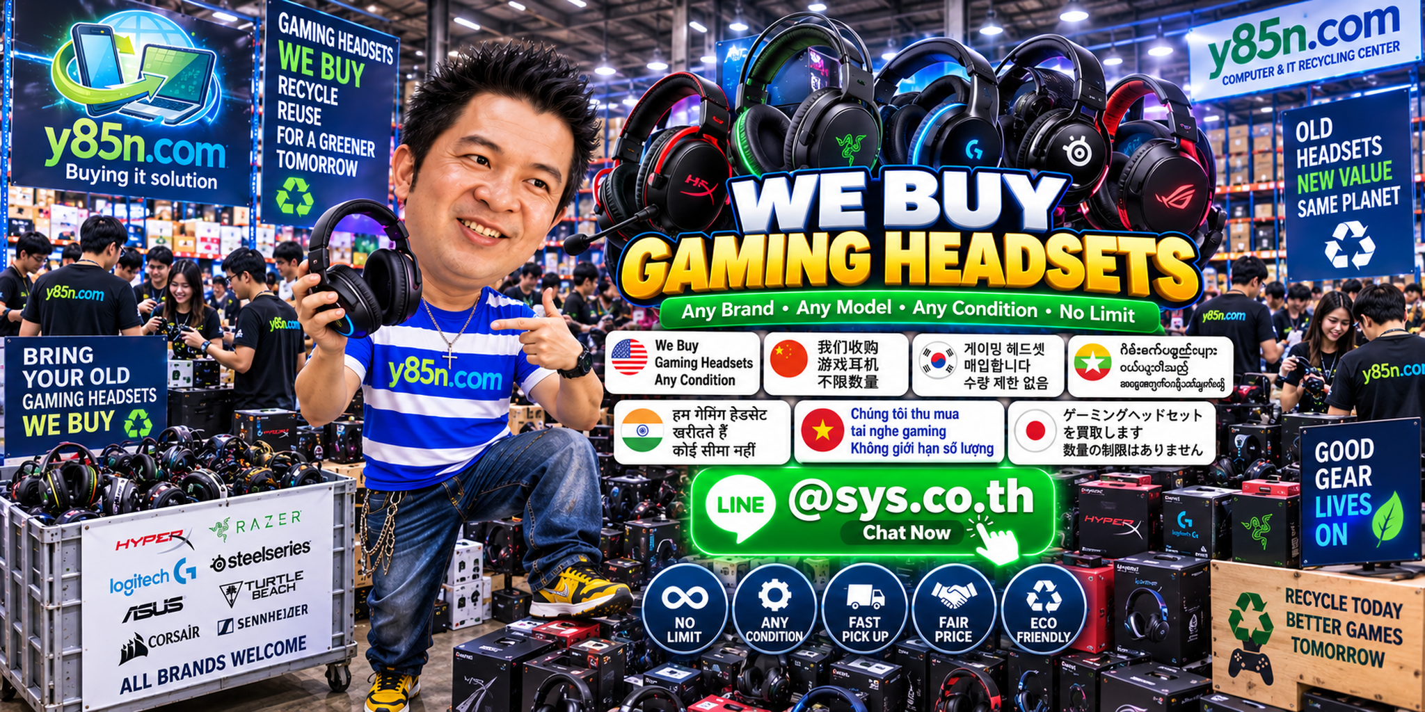Y85N.com team and customers at a busy gaming headset buying warehouse
