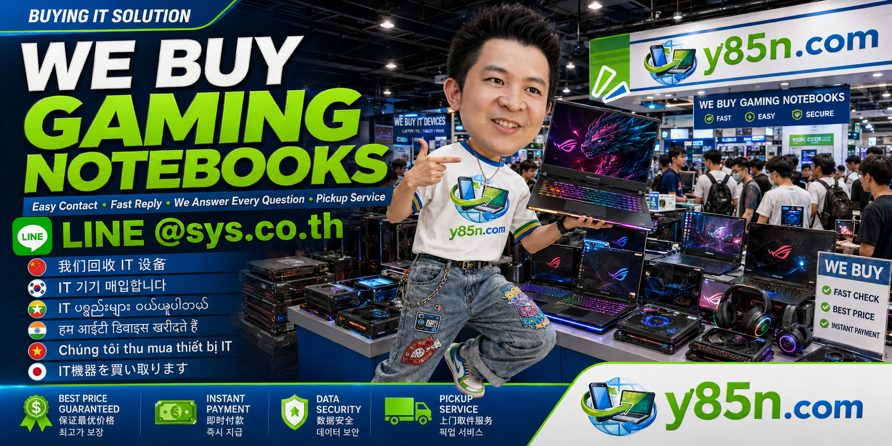 Y85N.com gaming notebook buying contact banner with LINE at sys.co.th