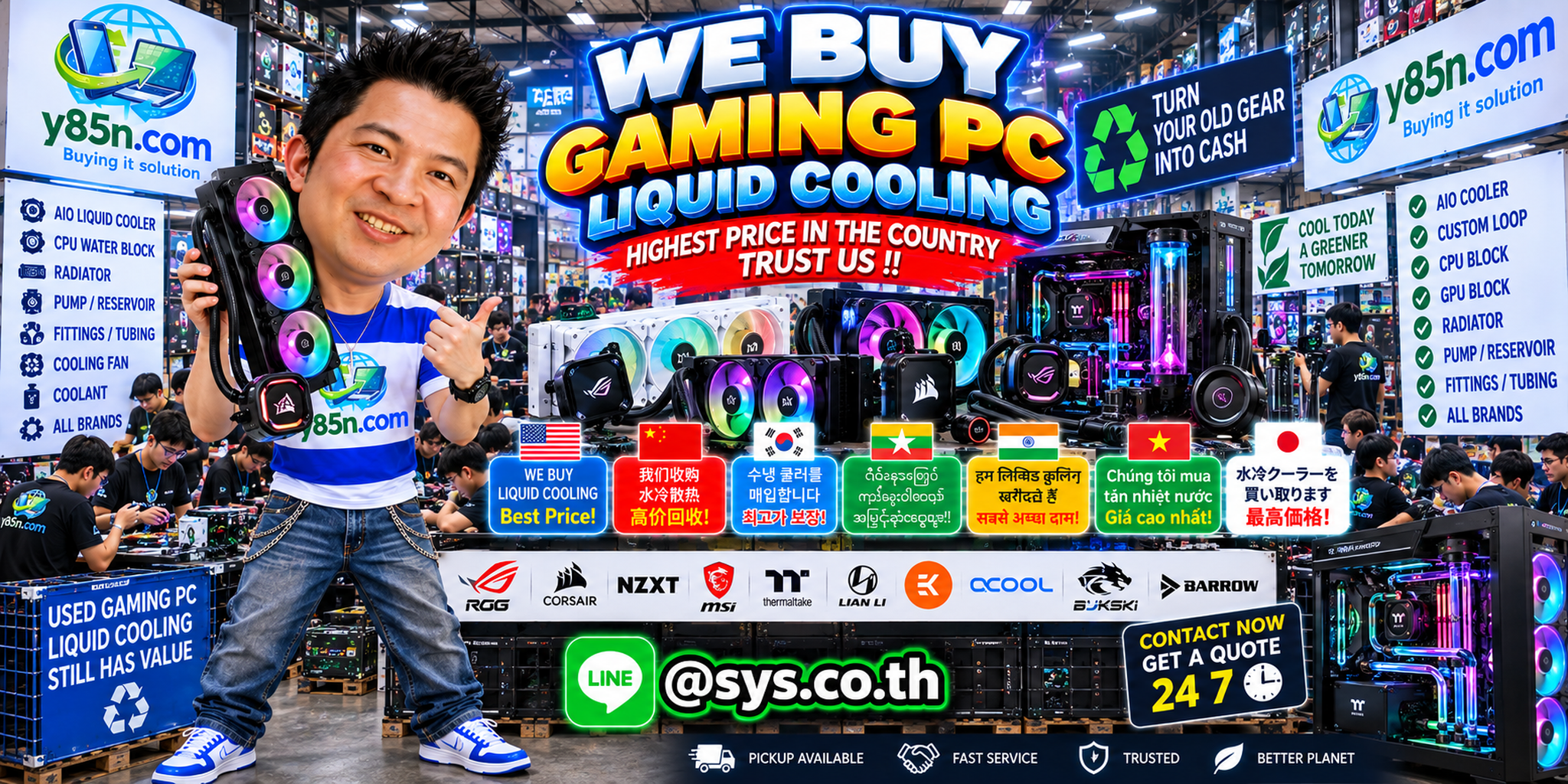 Y85N.com warehouse buying used gaming PC liquid cooling with international seller messaging