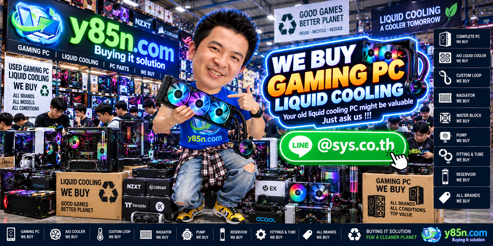 Busy Y85N.com gaming PC liquid cooling buying warehouse in Thailand