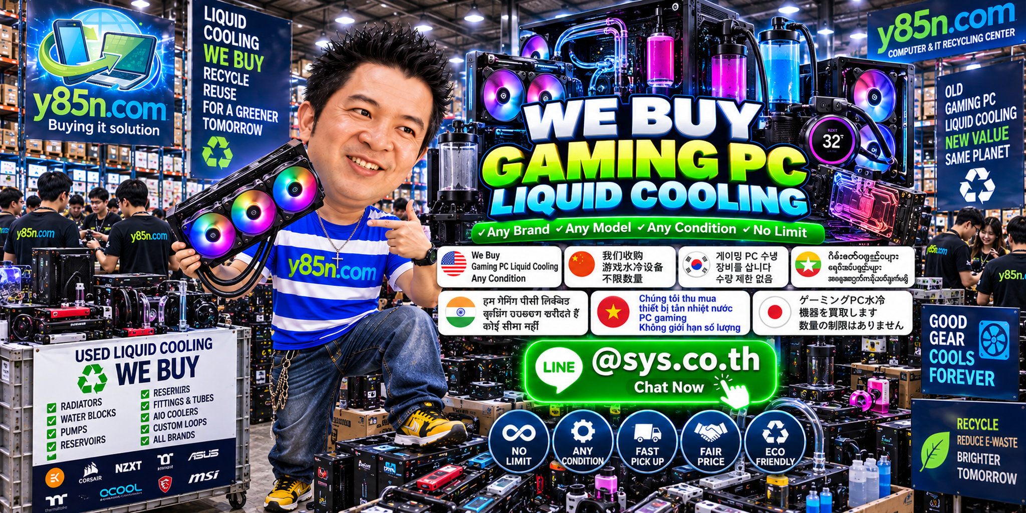 Y85N.com team at a busy gaming PC liquid cooling buying warehouse