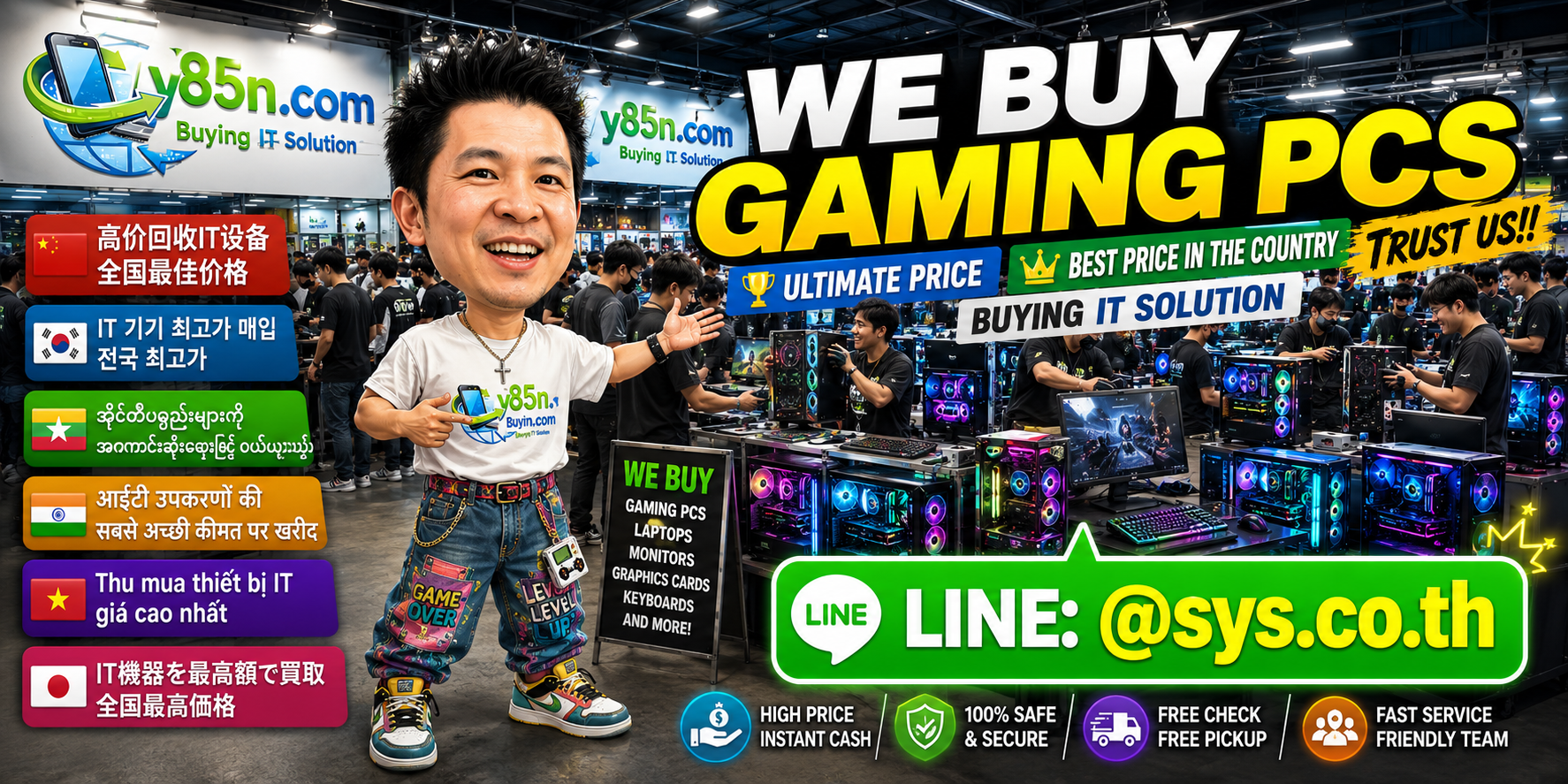Busy Y85N.com Gaming PCs buying warehouse in Thailand with gaming desktops and customers