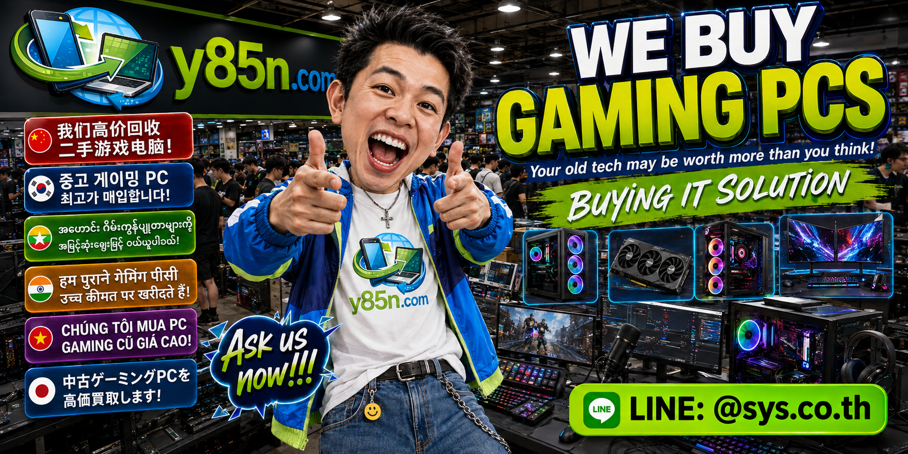 Y85N.com busy Gaming PCs warehouse with high performance computers and customers