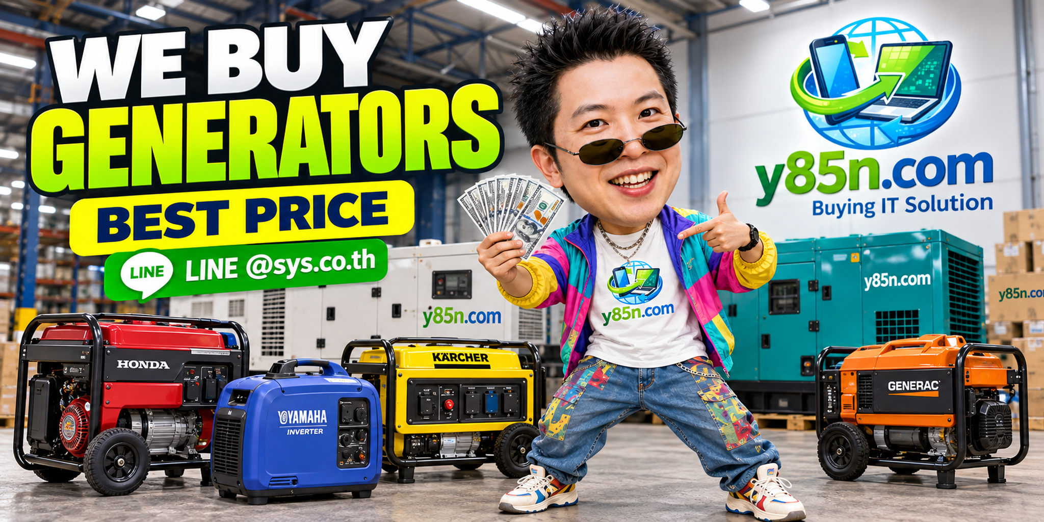 Y85N.com warehouse buying used old and industrial generators in Thailand