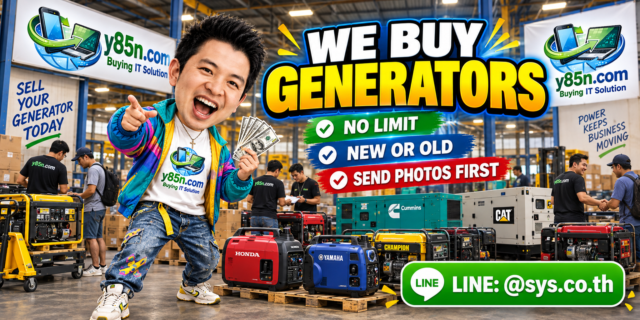 Y85N.com team evaluating generators at a busy warehouse in Thailand