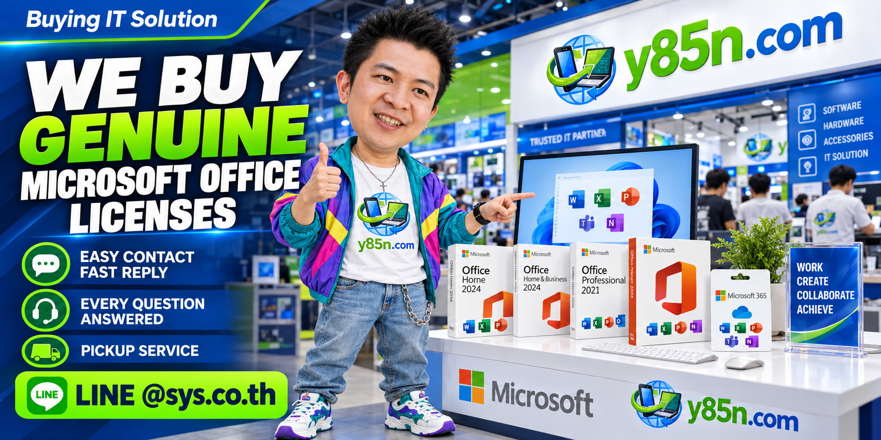 Y85N.com Microsoft Office license evaluation contact banner with LINE at sys.co.th