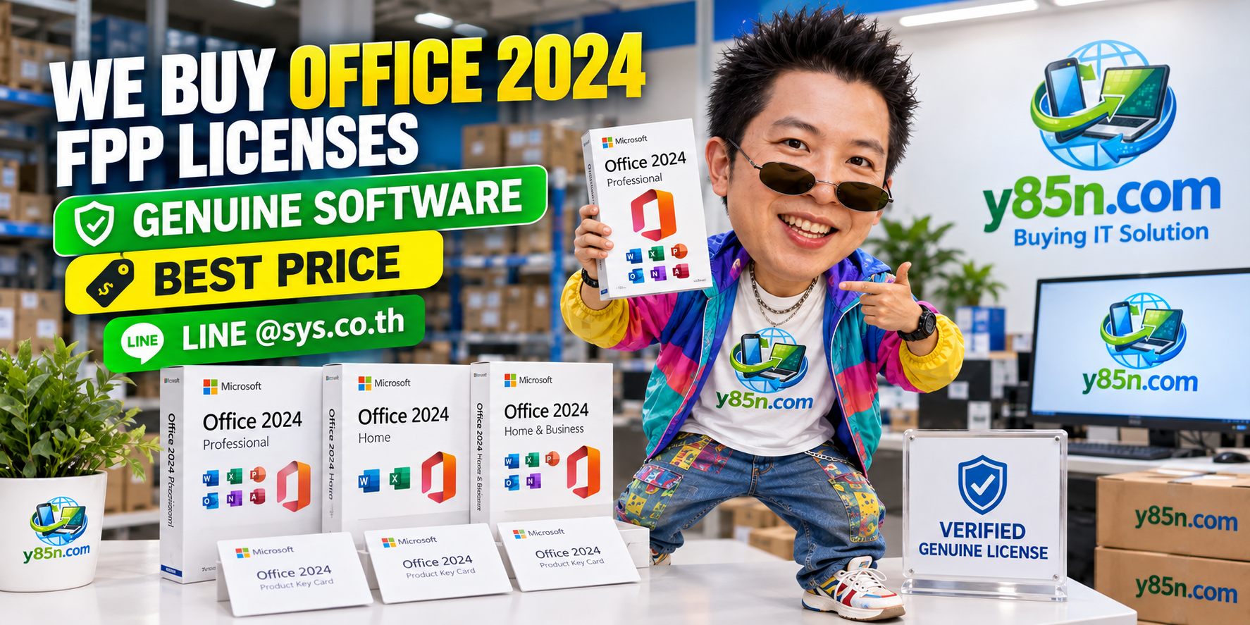 Y85N.com warehouse campaign for buying genuine Office 2024 FPP and documented software licenses in Thailand