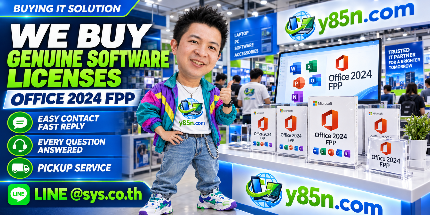 Y85N.com Office 2024 FPP license evaluation contact banner with LINE at sys.co.th