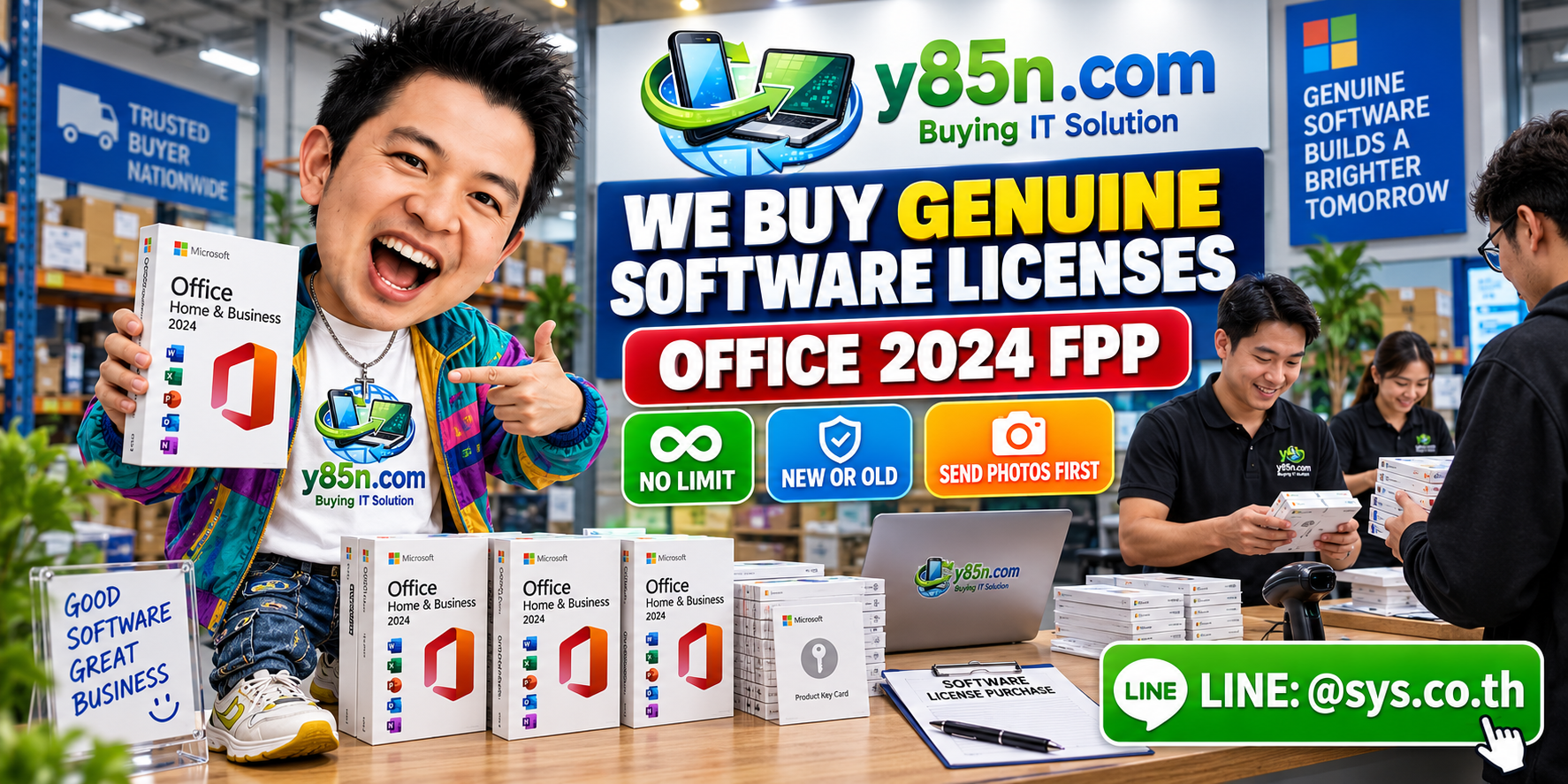Y85N.com team reviewing Office 2024 FPP and genuine software license assets in a busy IT warehouse