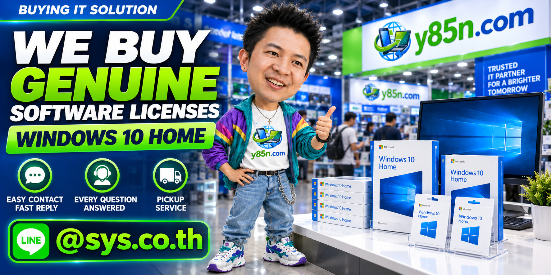 Y85N.com Windows 10 Home software license buying service contact banner with LINE at sys.co.th