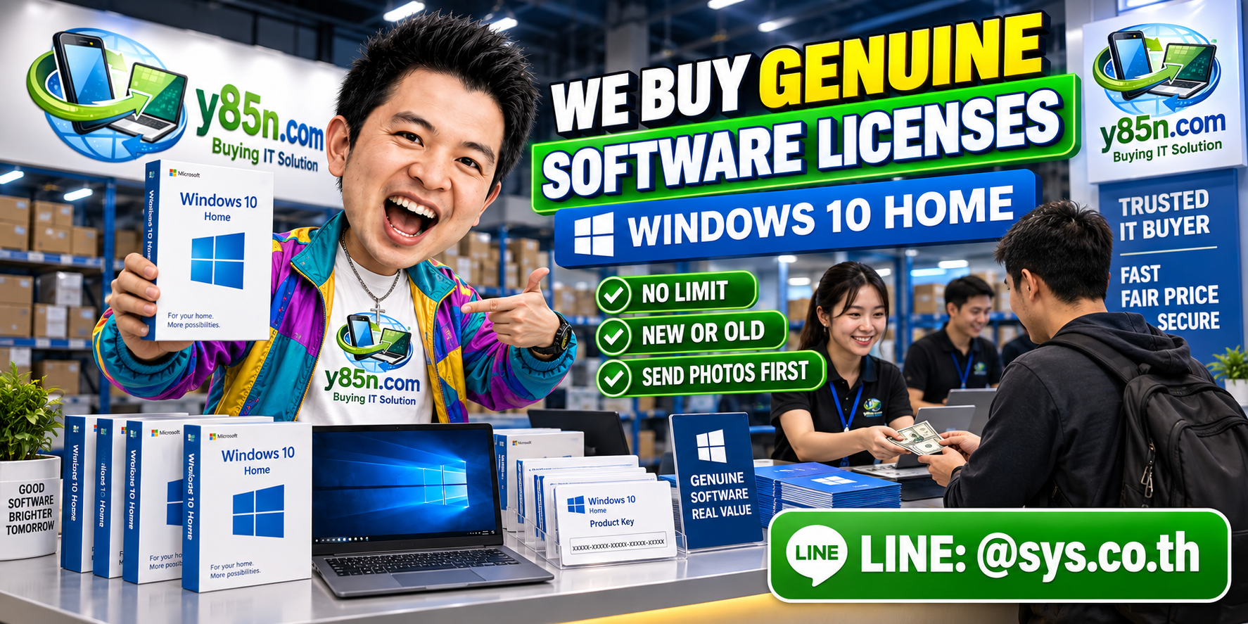Y85N.com genuine Windows 10 Home software license buyer in a busy IT warehouse
