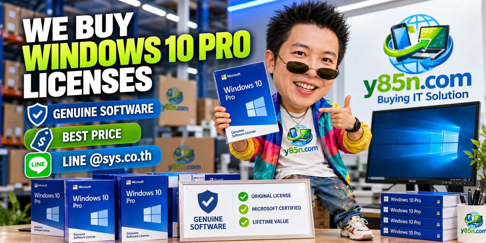 Y85N.com genuine Windows 10 Pro license buyer in Thailand with international seller messaging