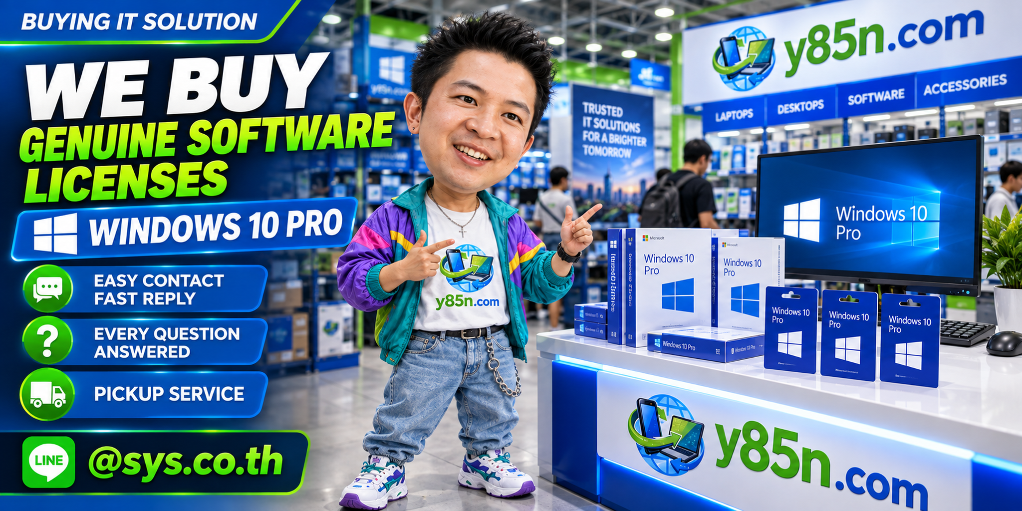 Y85N.com Windows 10 Pro license buyer contact banner with LINE at sys.co.th