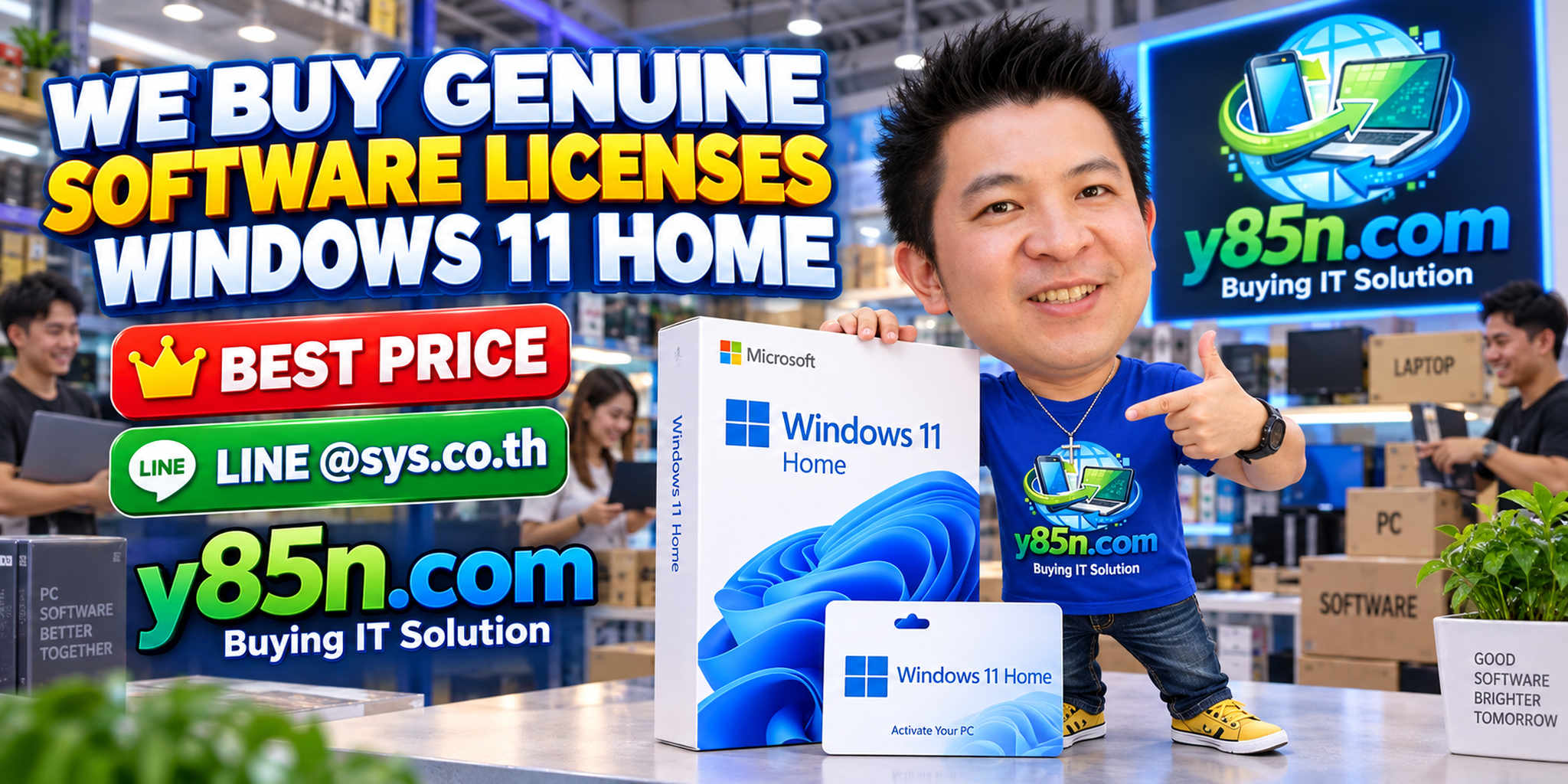 Y85N.com warehouse buying and evaluating genuine Windows 11 Home software license inventory for sellers in Thailand