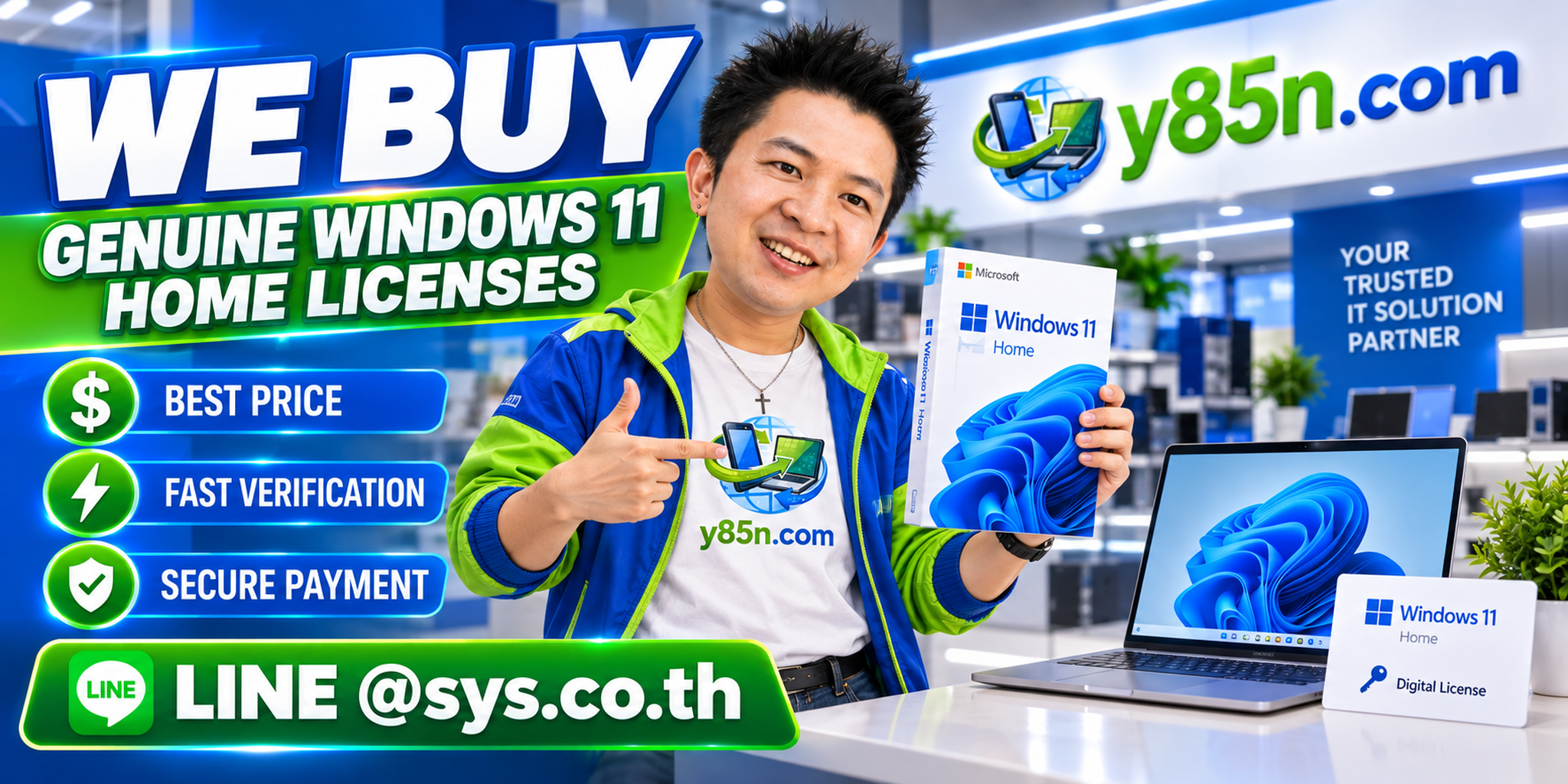 Y85N.com Windows 11 Home software license buyback contact banner with LINE at sys.co.th