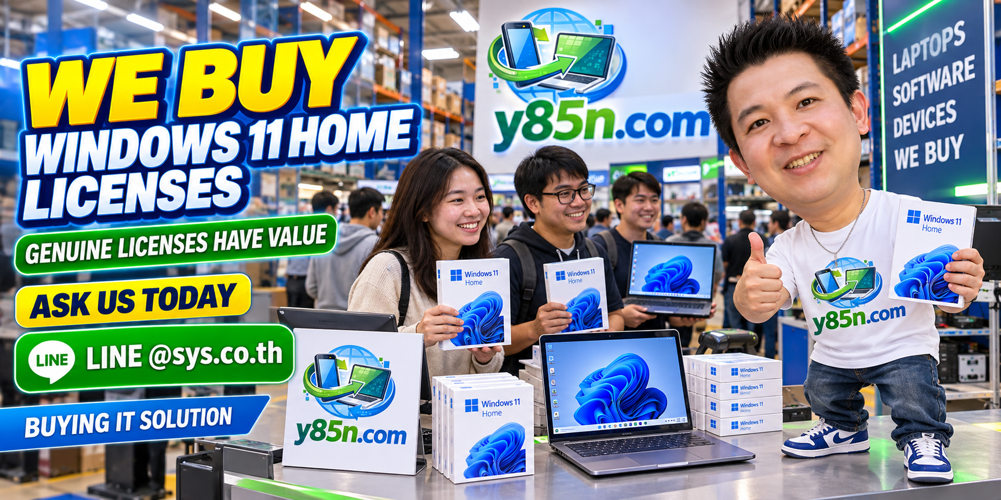 Busy Y85N.com IT warehouse promoting genuine Windows 11 Home software license buyback and valuation in Thailand