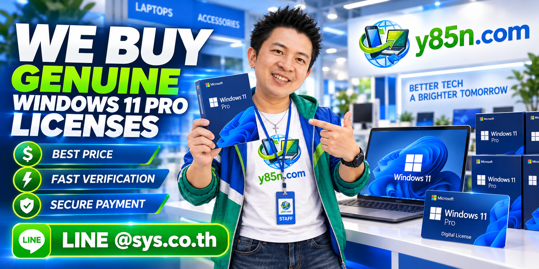 Y85N.com Windows 11 Pro license evaluation contact banner with LINE at sys.co.th