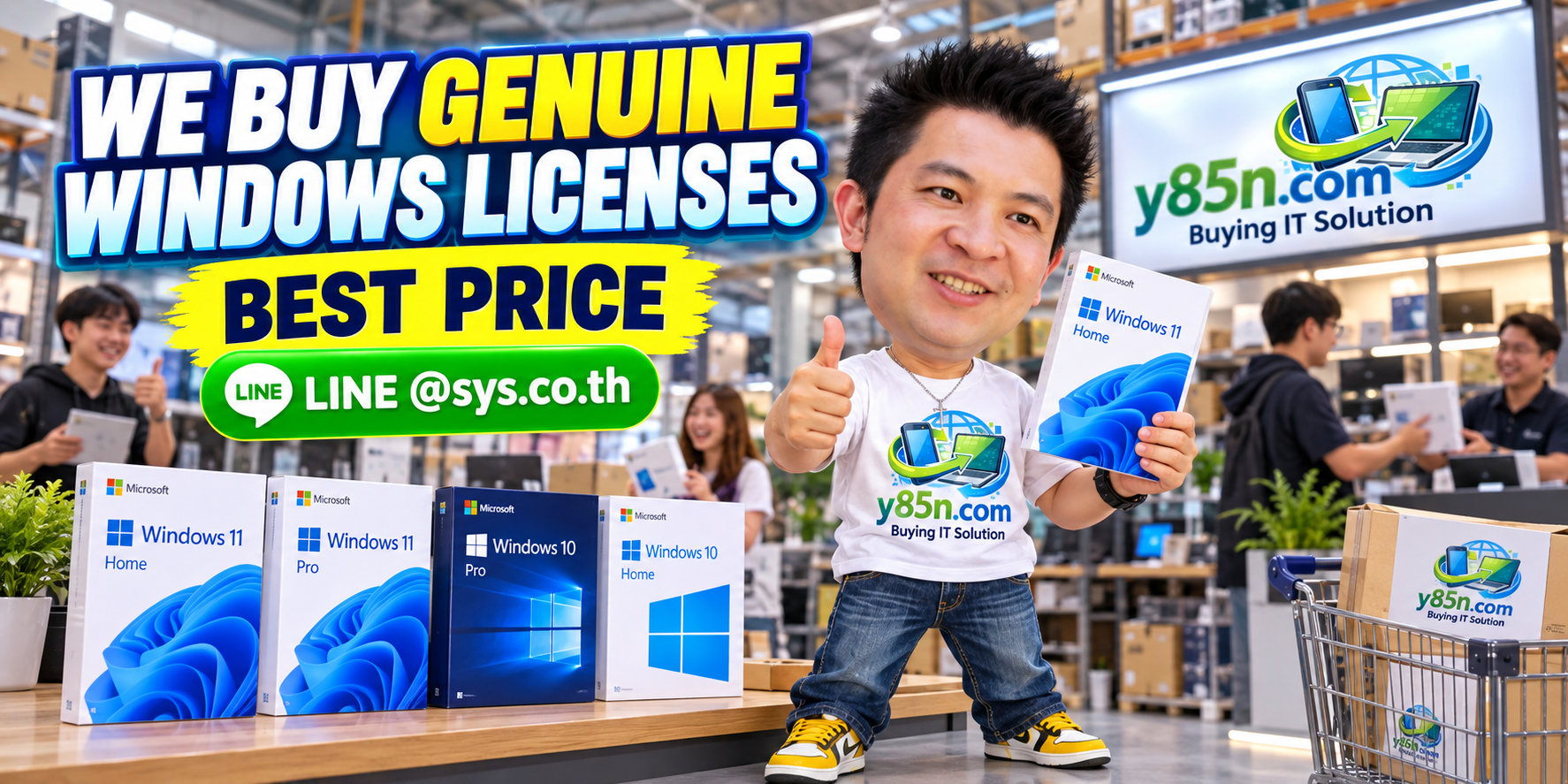 Y85N.com warehouse concept for buying genuine Windows license assets in Thailand