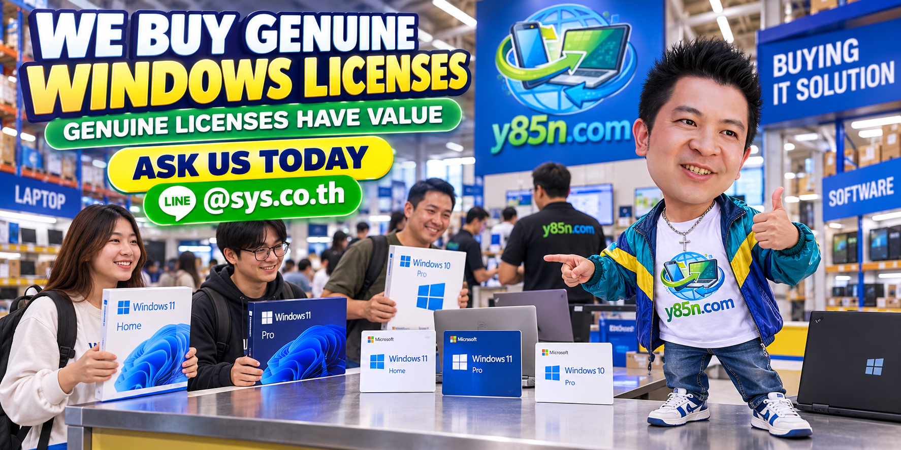 Y85N.com warehouse concept for buying and evaluating genuine Windows license assets in Thailand