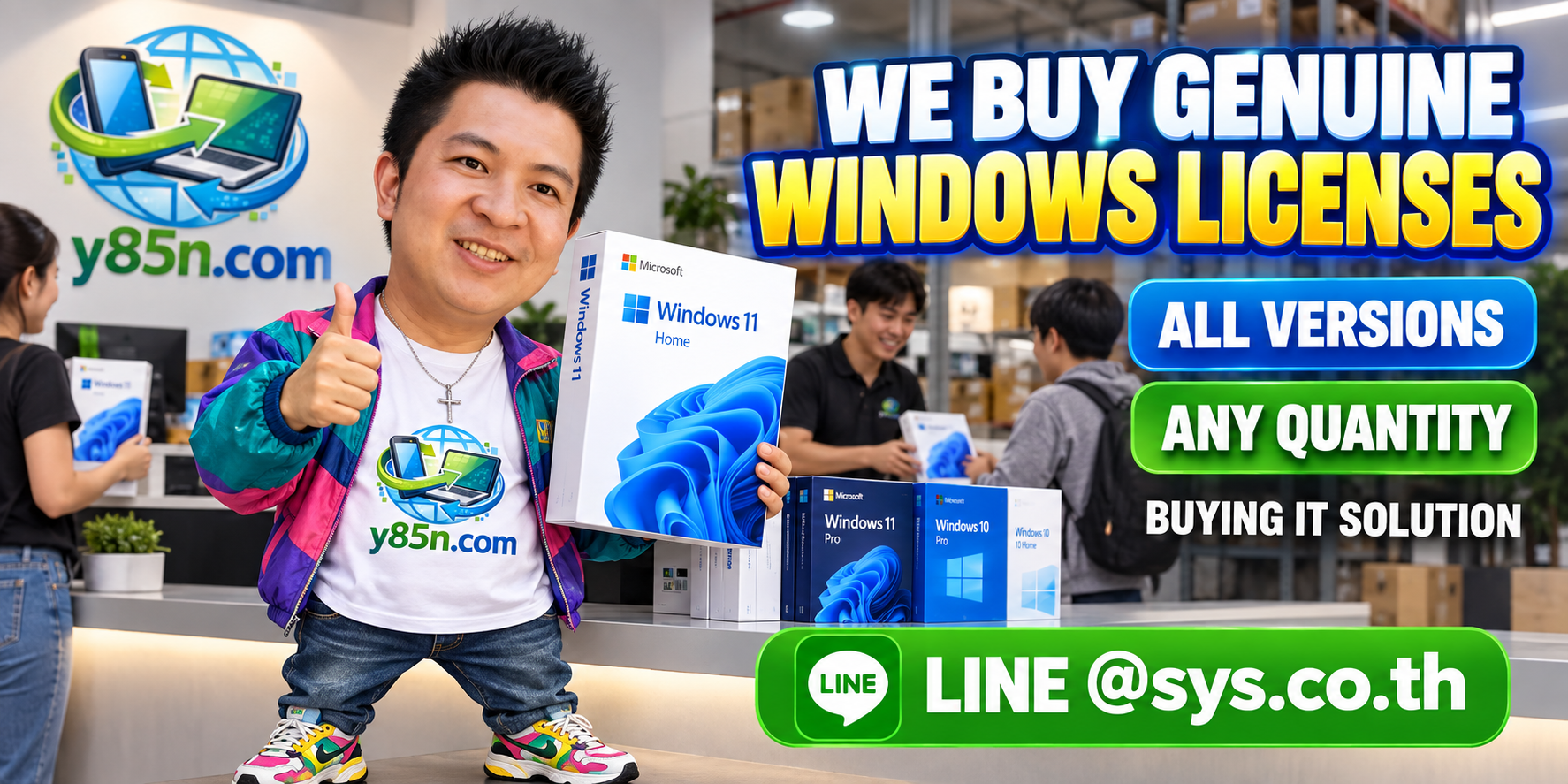 Busy Y85N.com warehouse concept for corporate Windows license and software asset evaluation