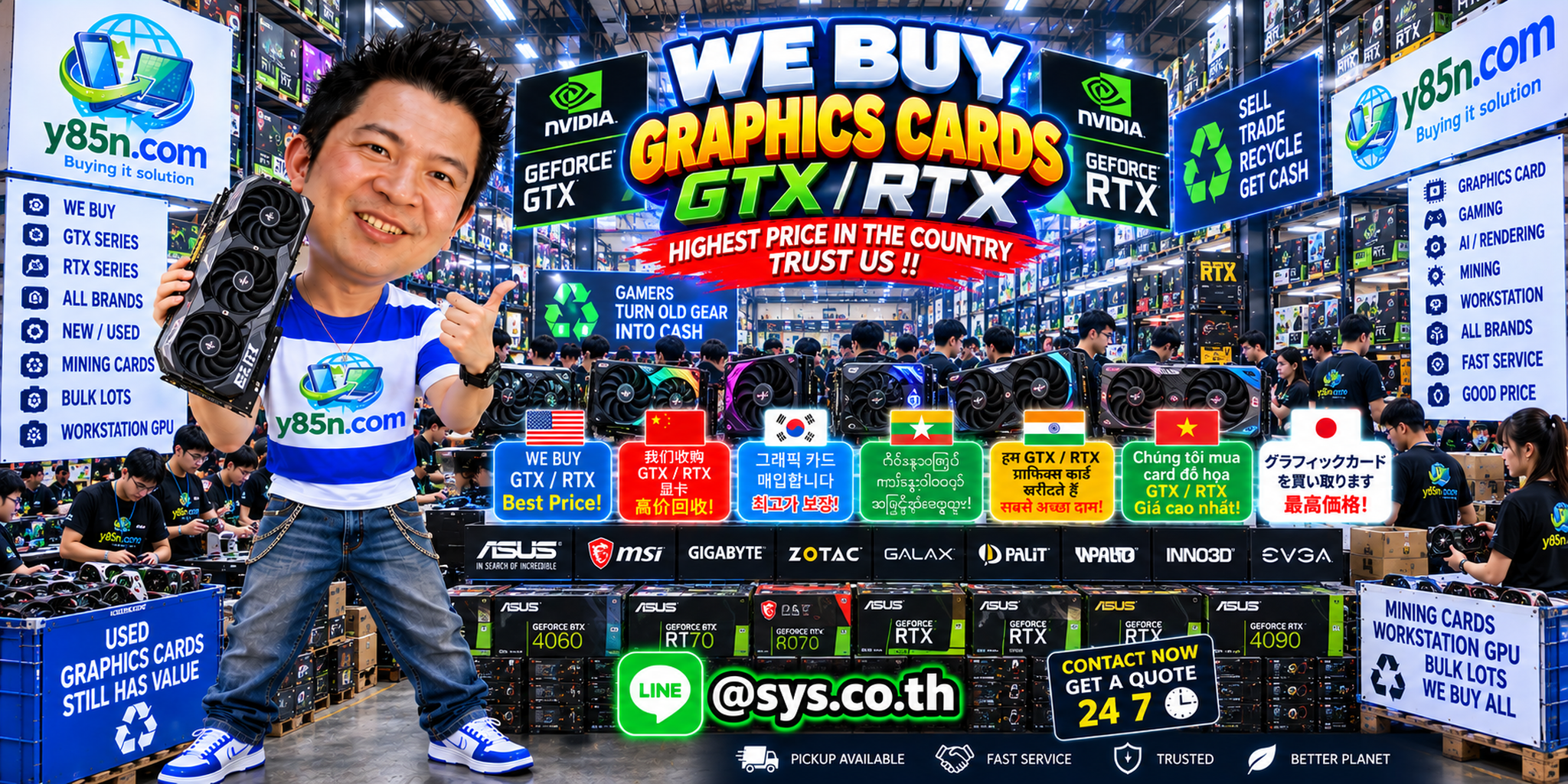 Y85N.com warehouse buying used GTX and RTX graphics cards with international seller service in Thailand