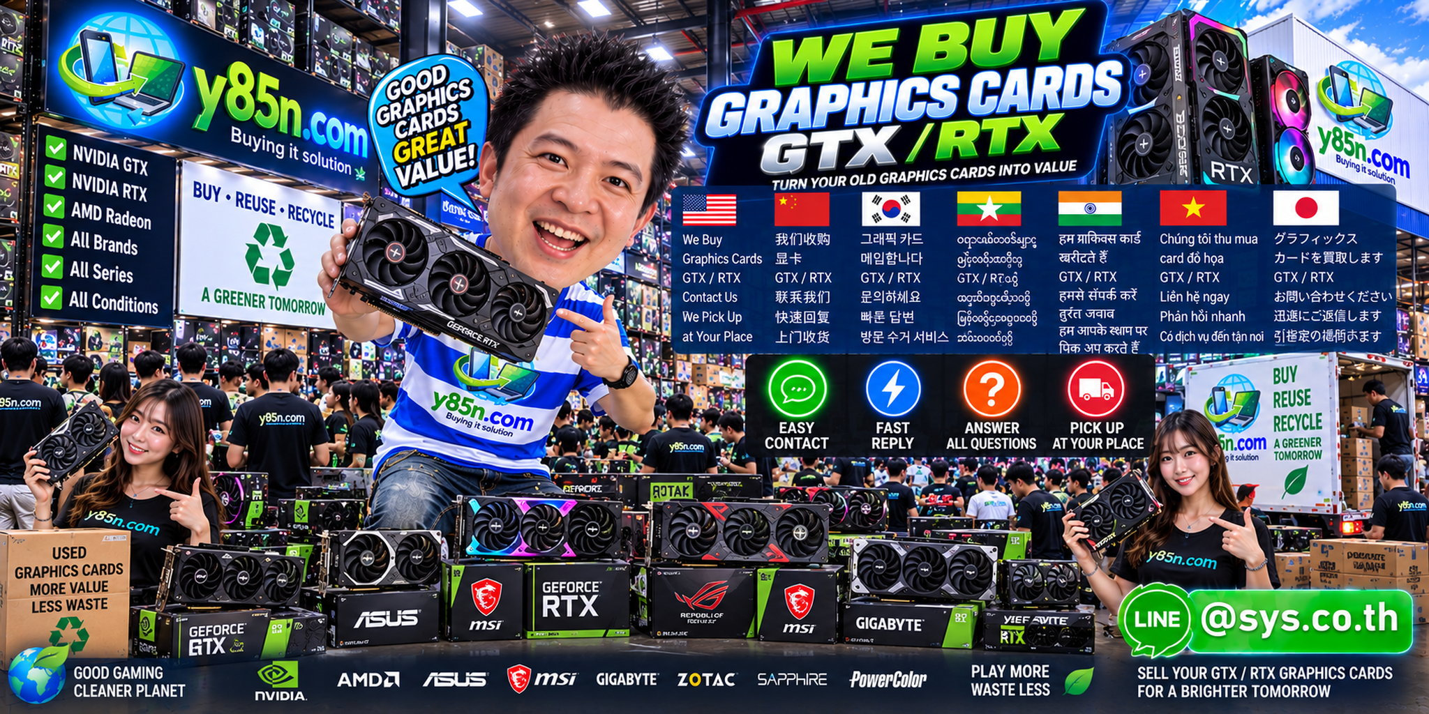 Y85N.com graphics card buying contact banner with LINE at sys.co.th for GTX and RTX sellers in Thailand