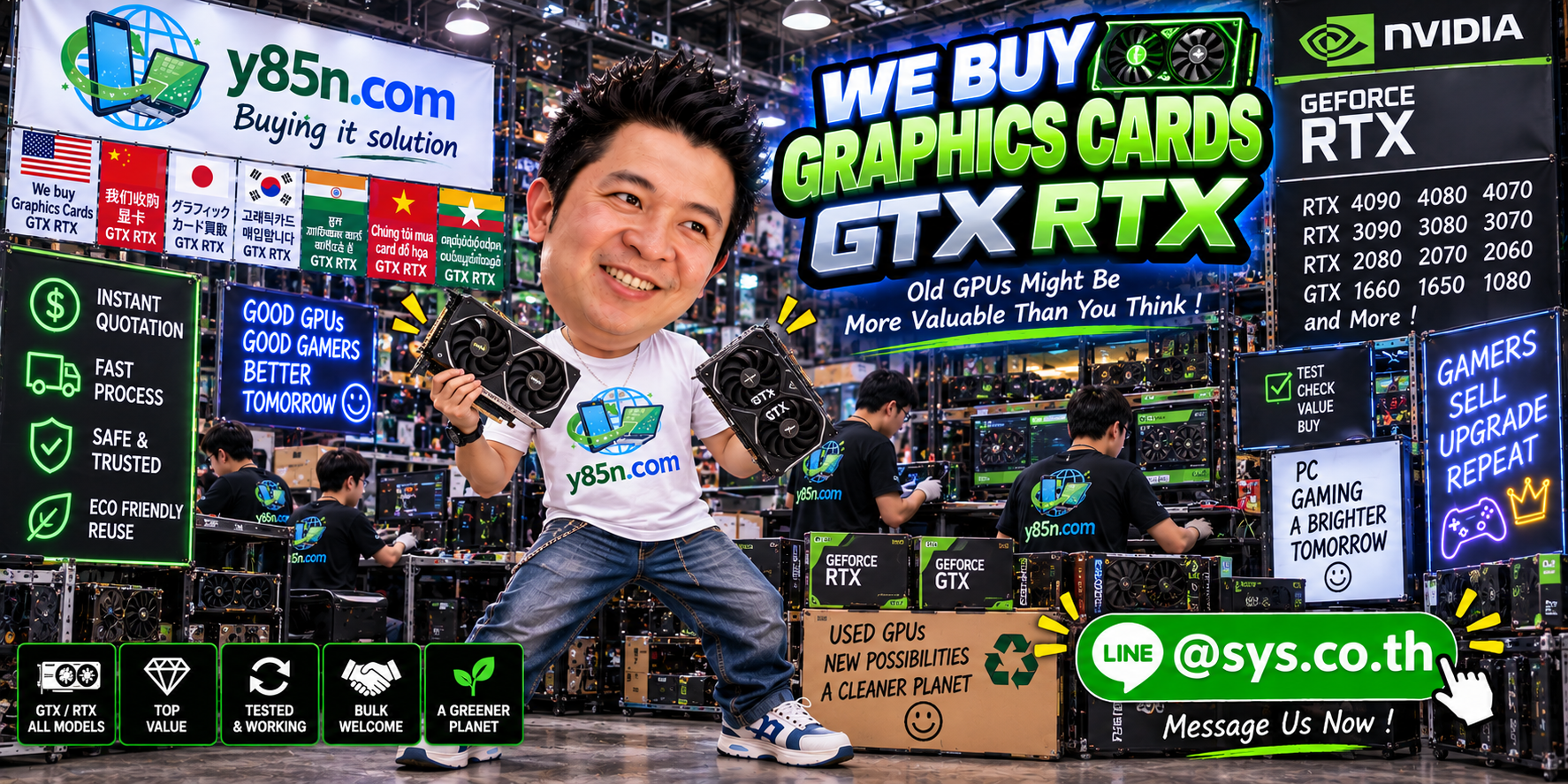 Busy Y85N.com graphics card buying warehouse in Thailand with GTX and RTX GPUs and international seller service