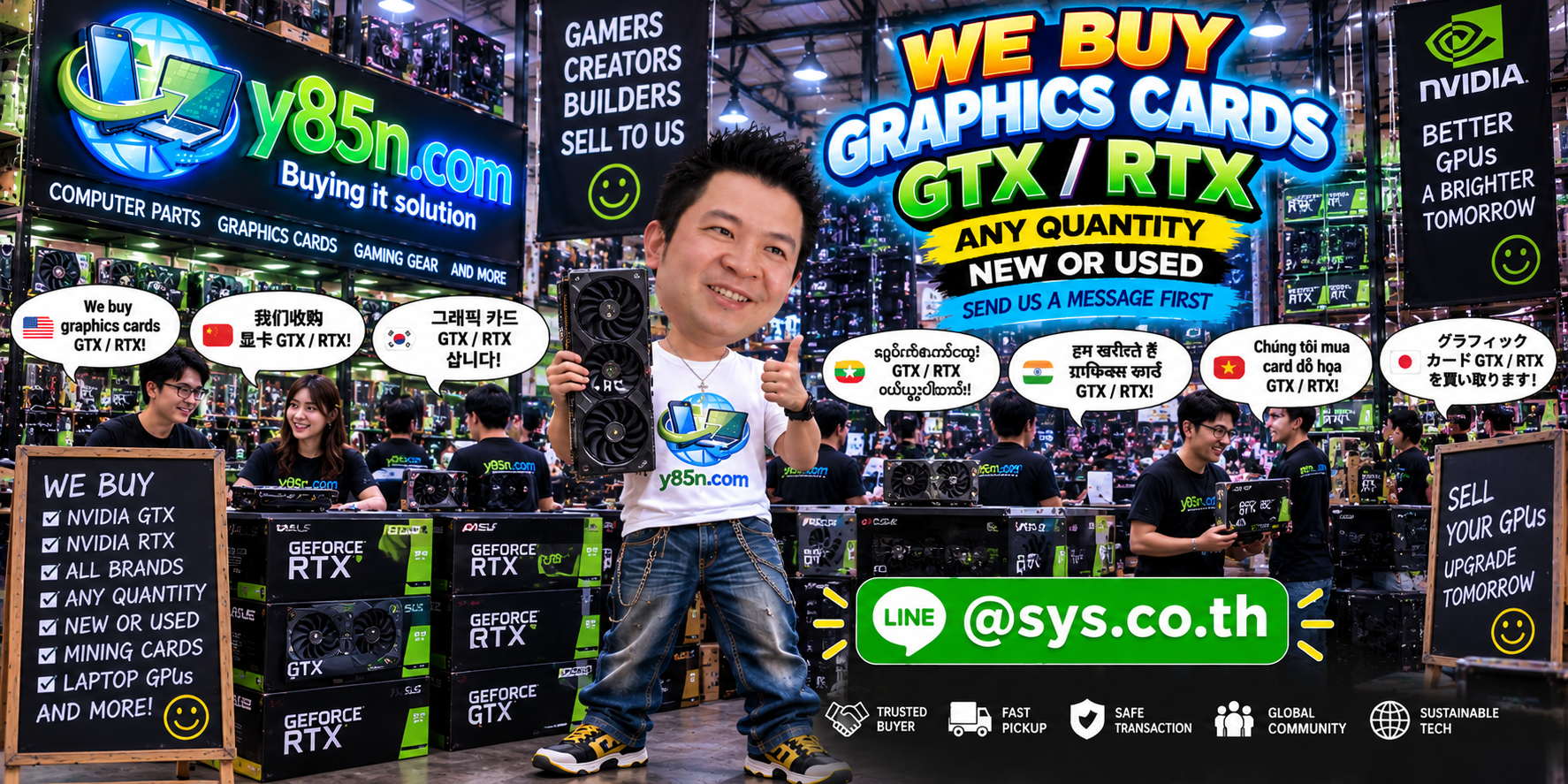 Y85N.com team and customers at a busy warehouse buying used GTX and RTX graphics cards in Thailand
