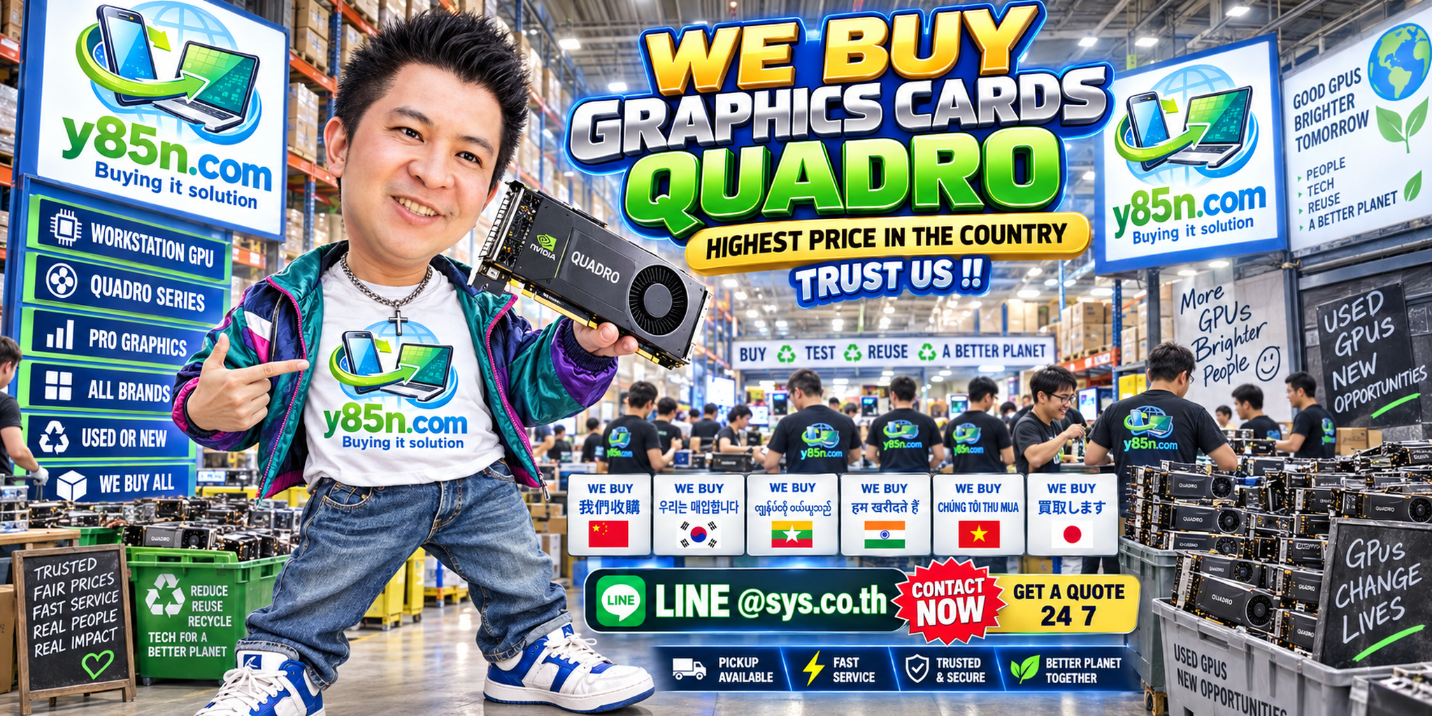 Y85N.com warehouse buying used NVIDIA Quadro and professional workstation graphics cards from sellers in Thailand