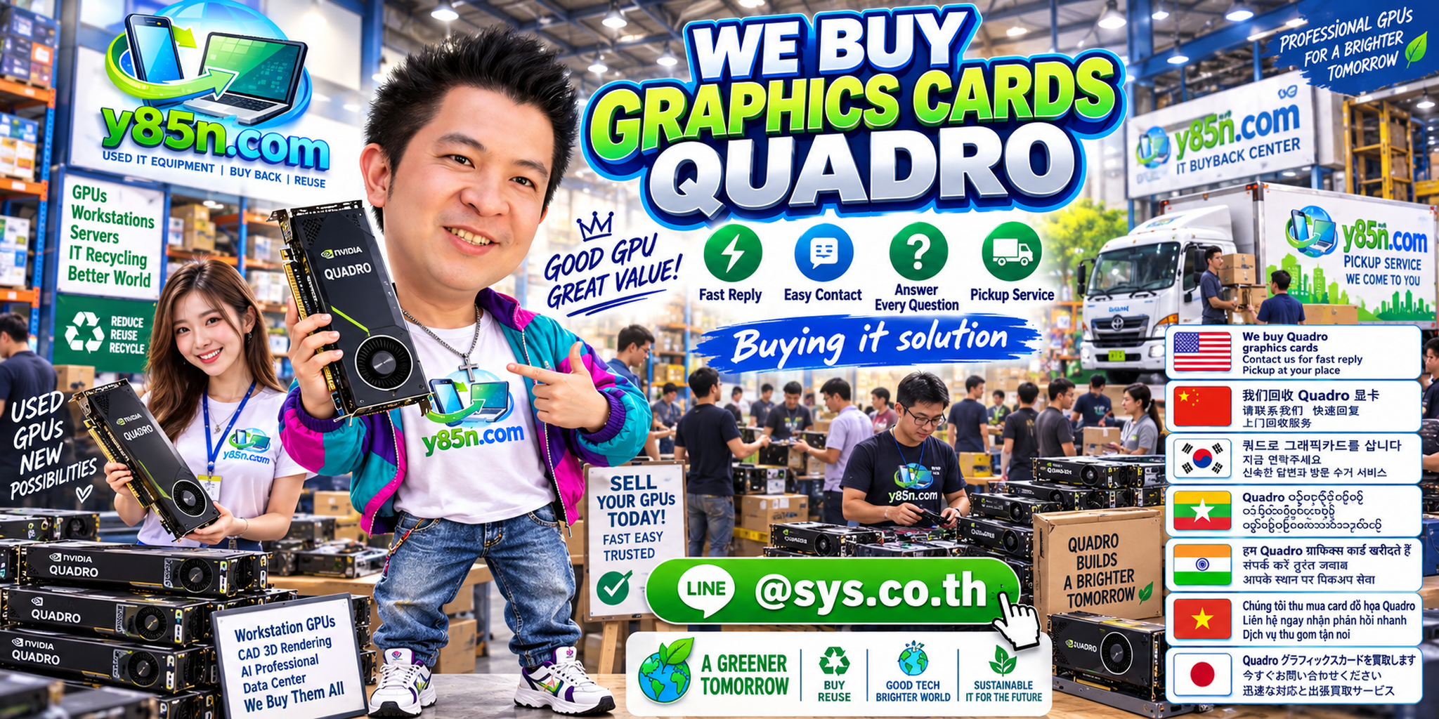 Y85N.com Quadro graphics card buying service contact banner with LINE at sys.co.th