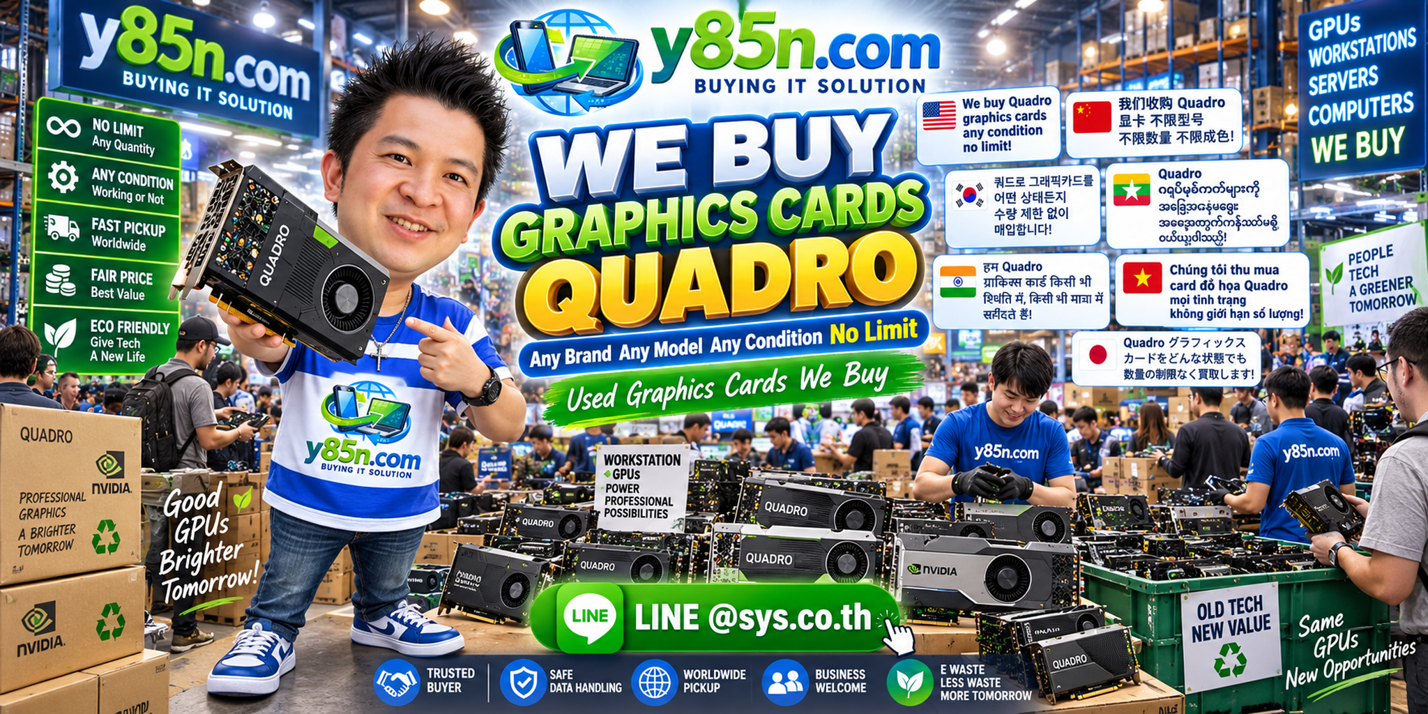 Y85N.com team evaluating Quadro and professional graphics cards in a busy IT warehouse