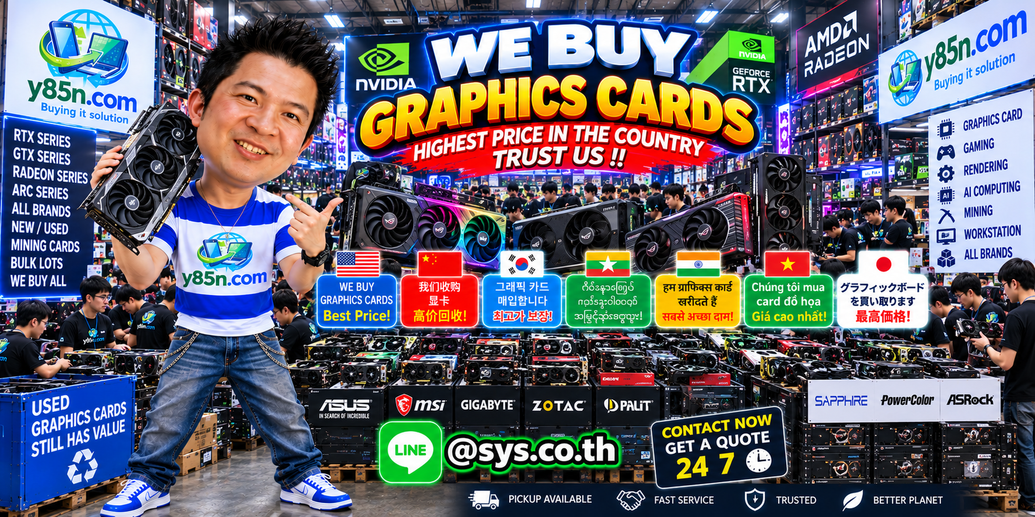 Y85N.com warehouse buying used graphics cards with international seller messaging