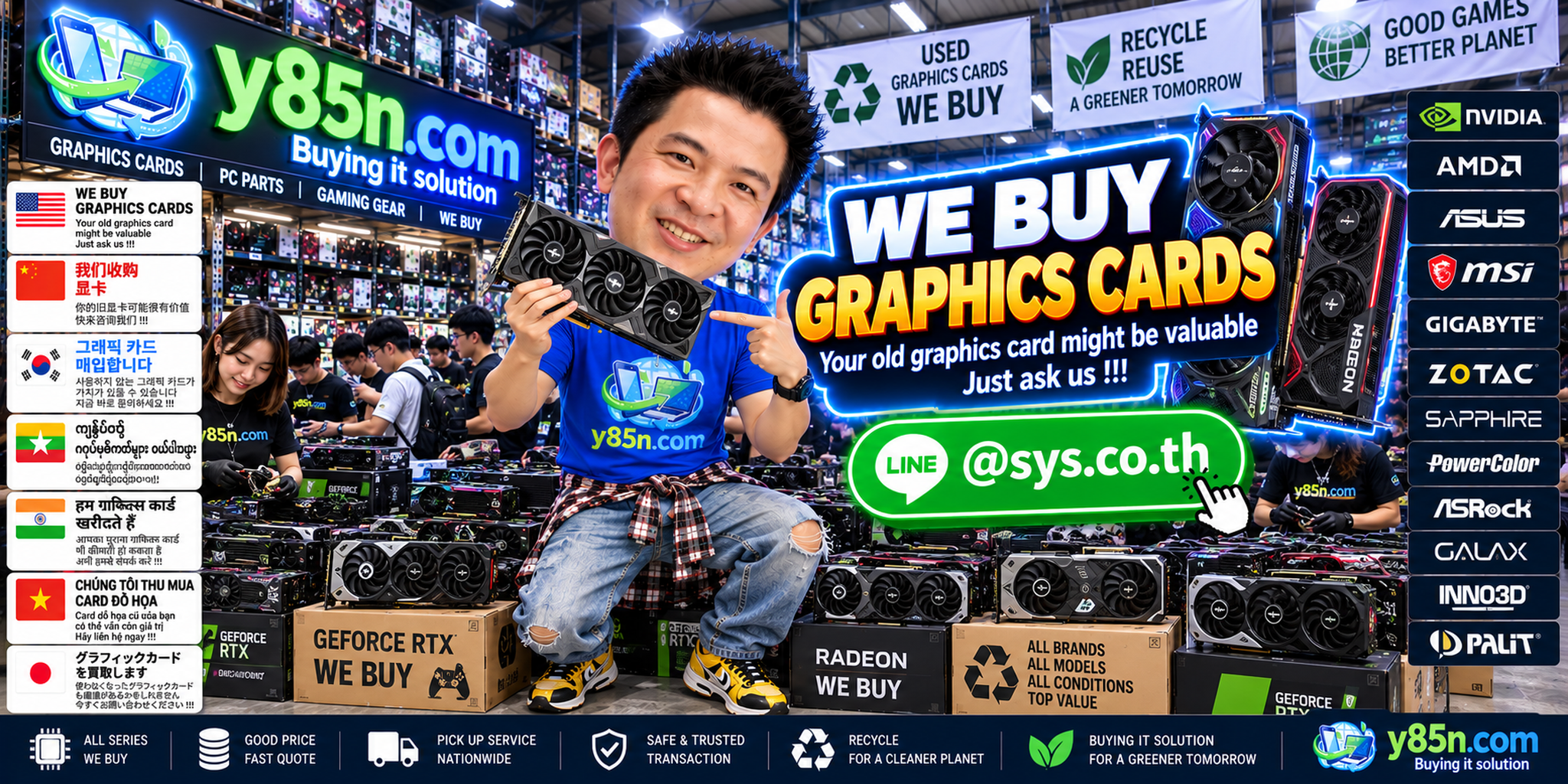 Busy Y85N.com graphics card buying warehouse in Thailand with international seller service
