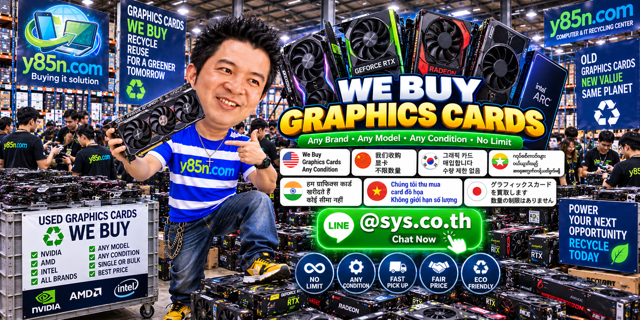 Y85N.com team and customers at a busy graphics card buying warehouse in Thailand