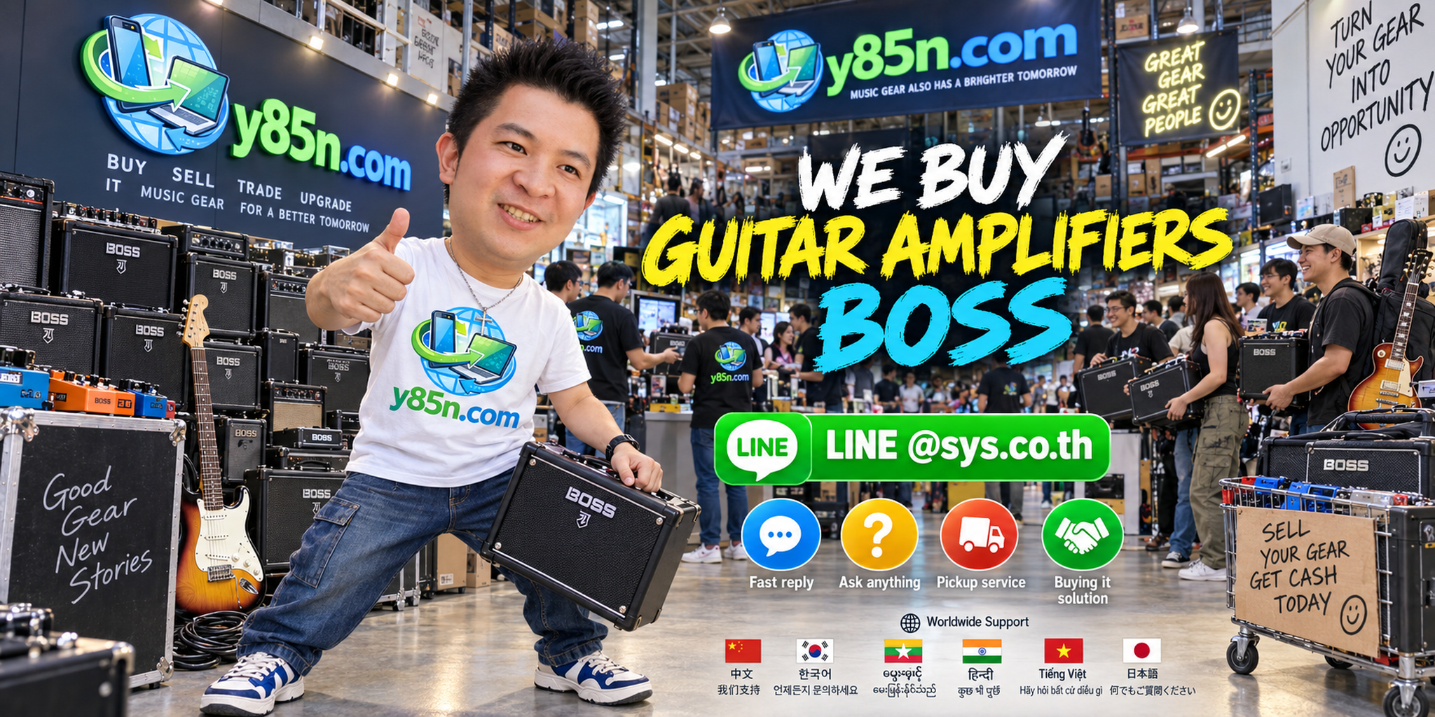 Y85N.com BOSS guitar amplifier buying contact banner with LINE at sys.co.th